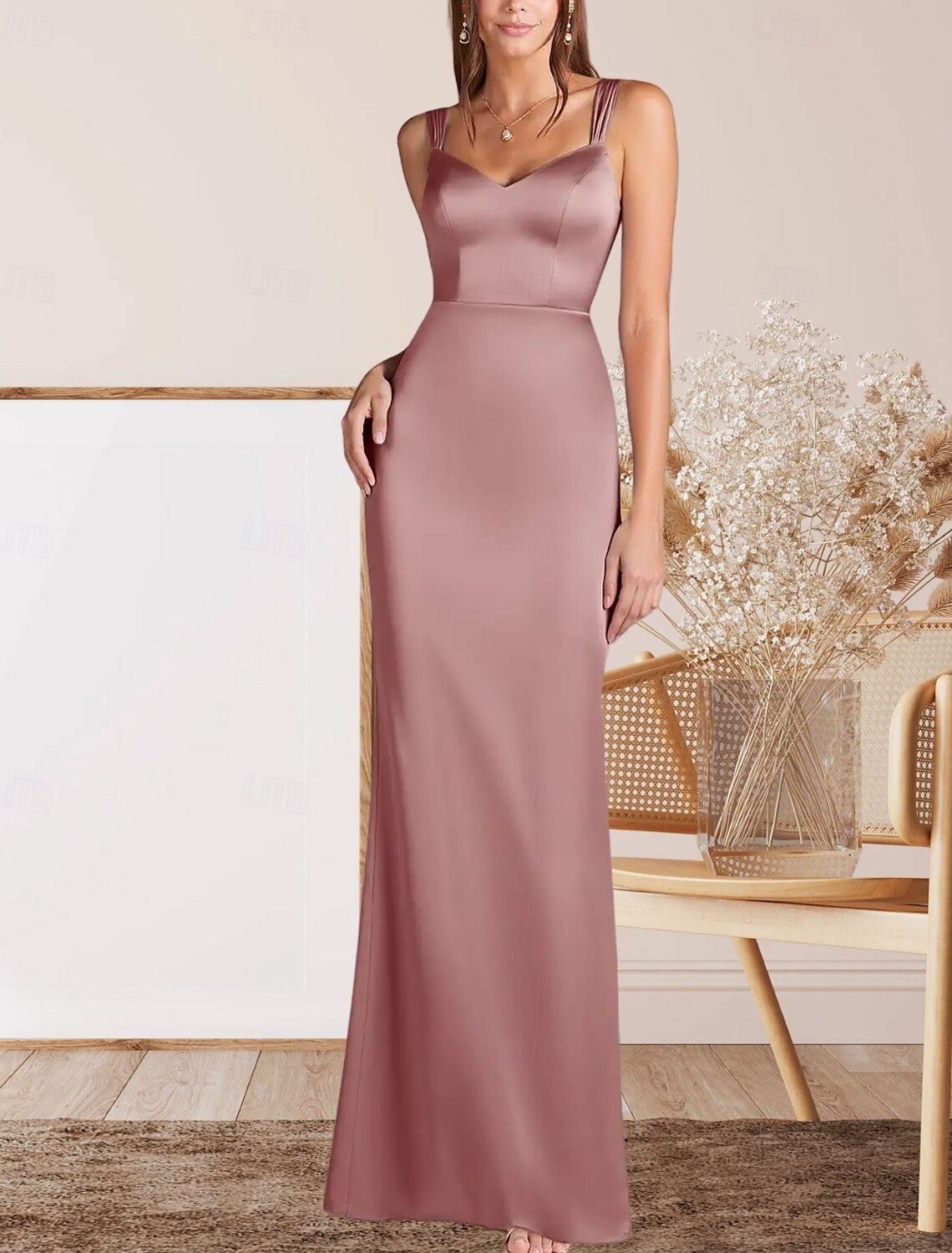 Mermaid / Trumpet Mother of the Bride Dress Wedding Guest Elegant Minimalist V Neck Floor Length Satin Sleeveless with Ruching