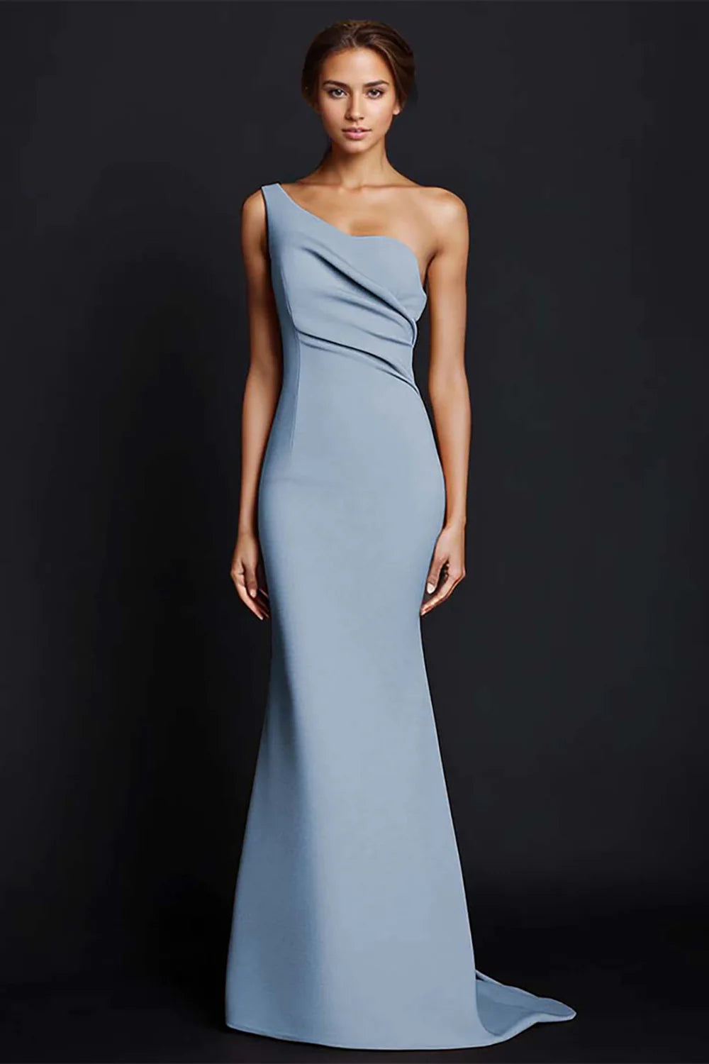 Elegant khaki single shoulder mermaid pleated long satin ball gown