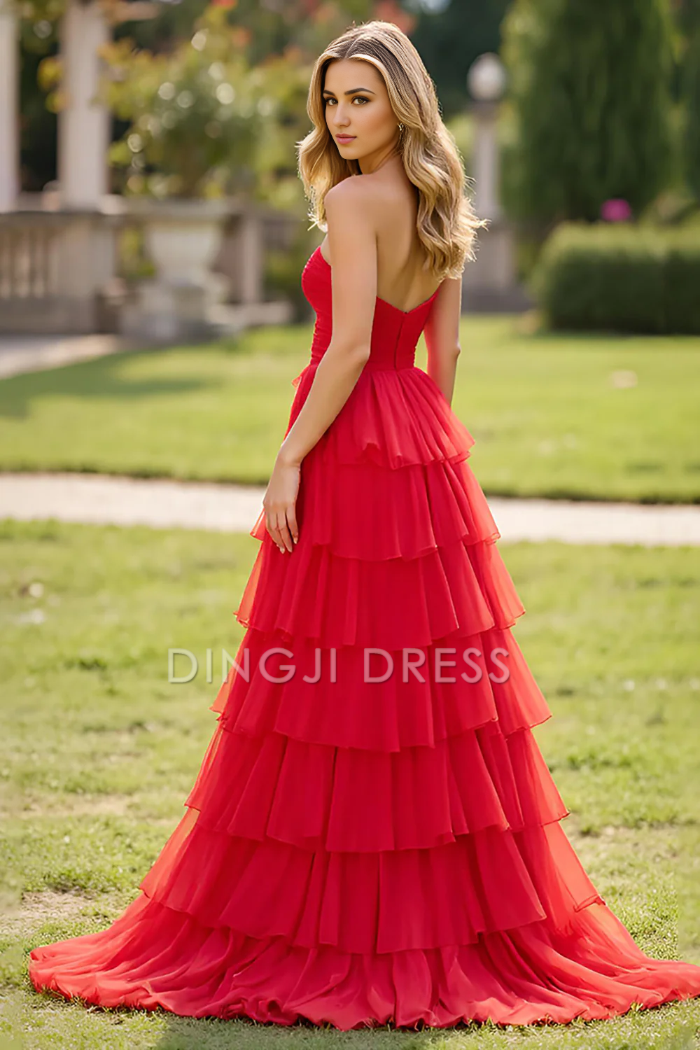 DingJiDress High Quality Dress Elegant A Line Strapless Square Neck Ruched Tiered With Slit Fashion Long Prom Dress