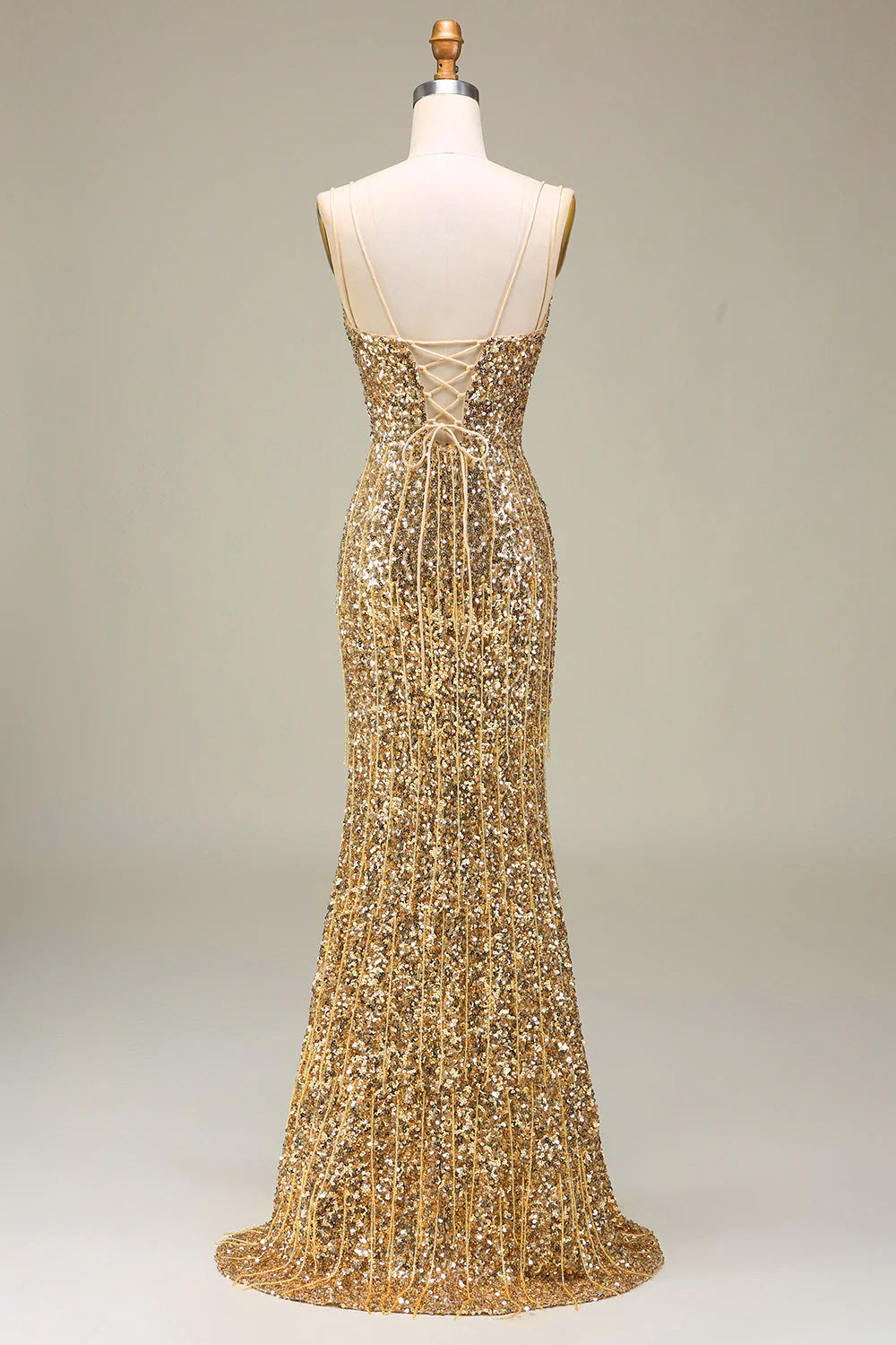 Golden V-neck long slit suspender ball gown