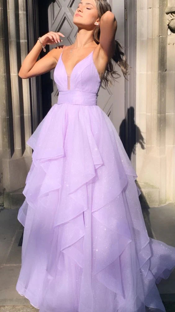 Purple V-neck chiffon long A-line dance party evening gown