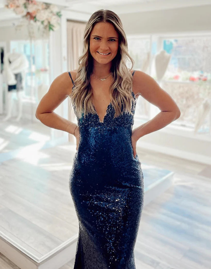 Navy Blue Mermaid backless long sequined dance dress