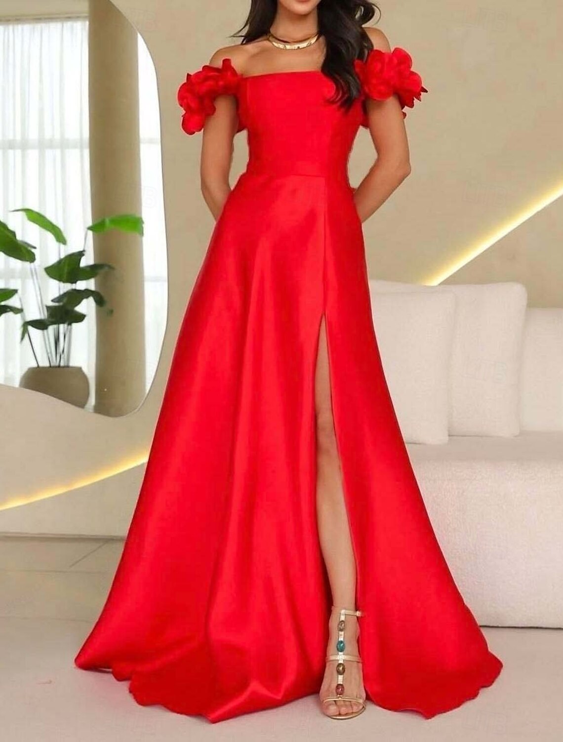 A-Line Evening Gown Celebrity Style Dress Carnival Wedding Reception Floor Length Floral Off Shoulder Satin with Slit