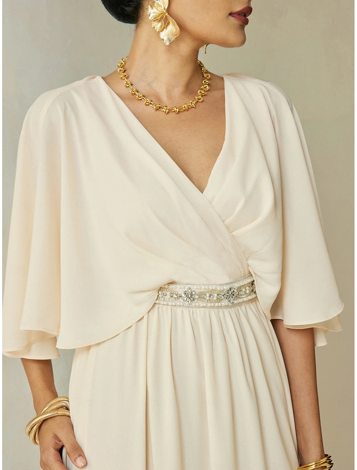 Chiffon Elegant Beading Half Sleeve Maxi Dress