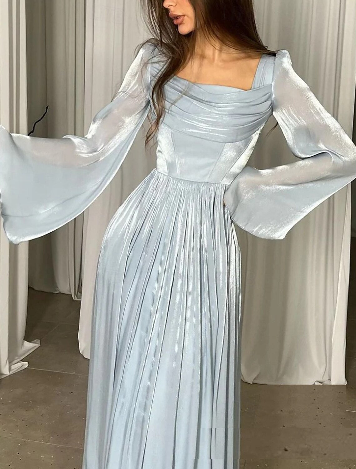 A-Line Quinceanera Dresses Elegant Dress Formal Wedding Floor Length Long Sleeve Square Neck Chiffon with Pleats