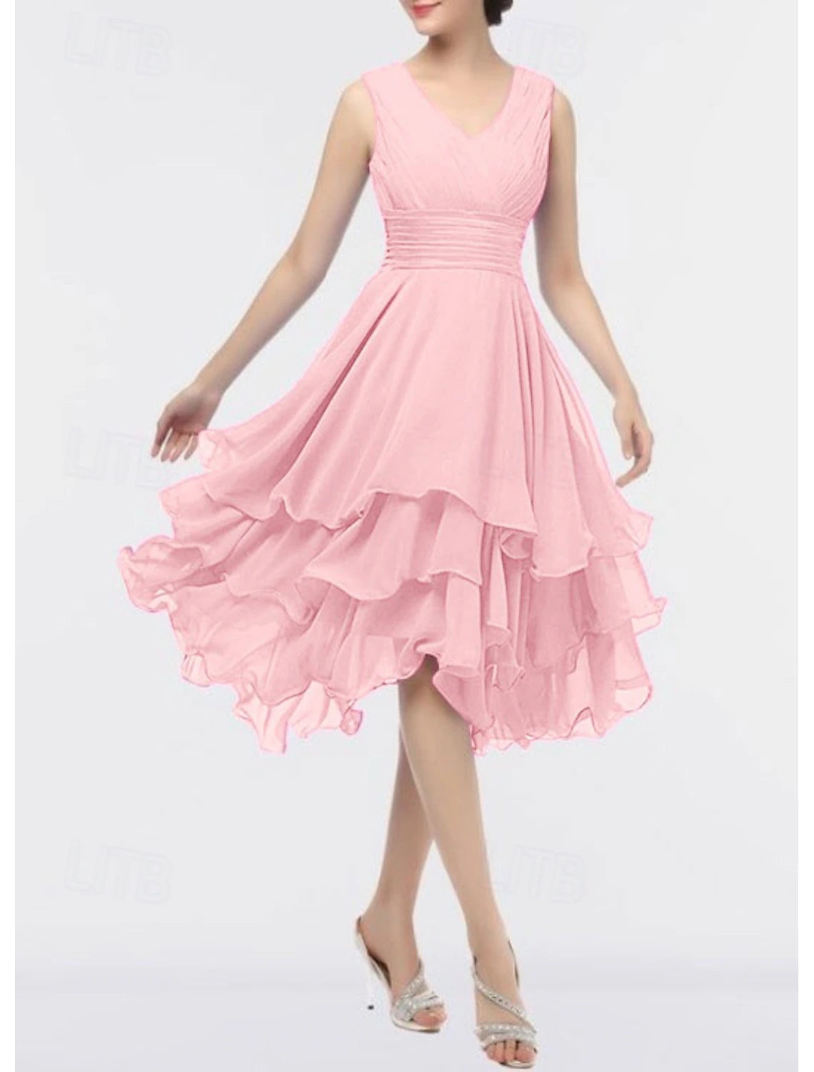 Beach Wedding A-Line Wedding Guest Dresses Party Dress Homecoming Dress Asymmetrical Sleeveless V Neck Chiffon with Ruched Tiered dress to impress Derby Dresses