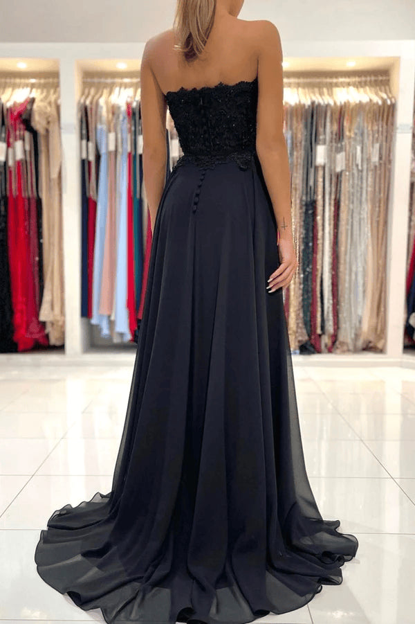 Black Chiffon Sweetheart with Lace Long Party DressBlack Wedding Party Dress