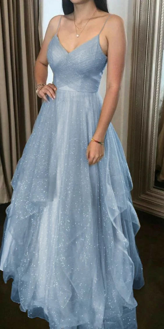 Blue V-neck long chiffon sparkling ball gown