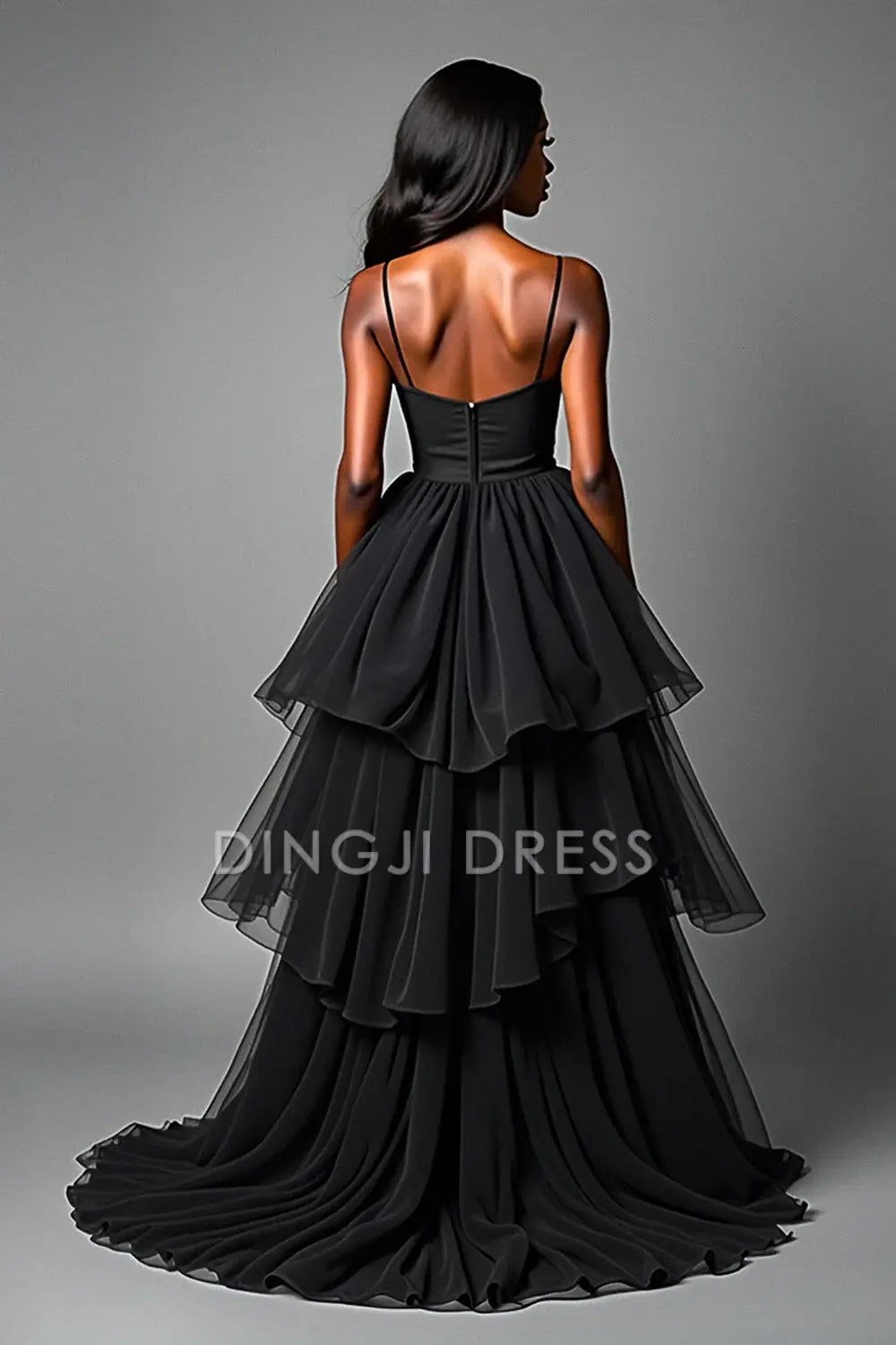 DingJiDress High Quality Dress Fashion A Line Spaghetti Strap Tiered Asymetrical Tulle Long Black Prom Dress