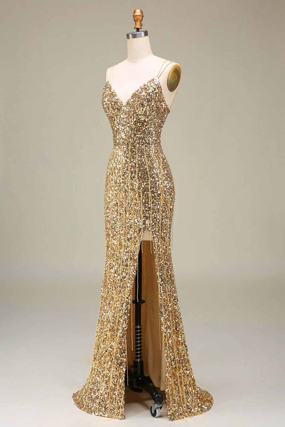 Golden V-neck long slit suspender ball gown