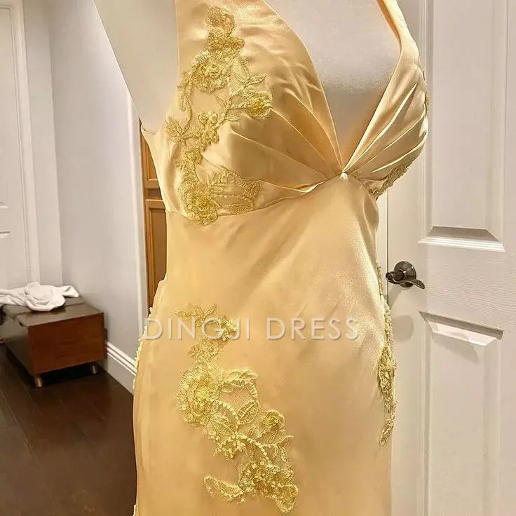 DingJiDress Mermaid Deep V Neck Satin Applique Elegant Backless Long Luxury Prom Dress