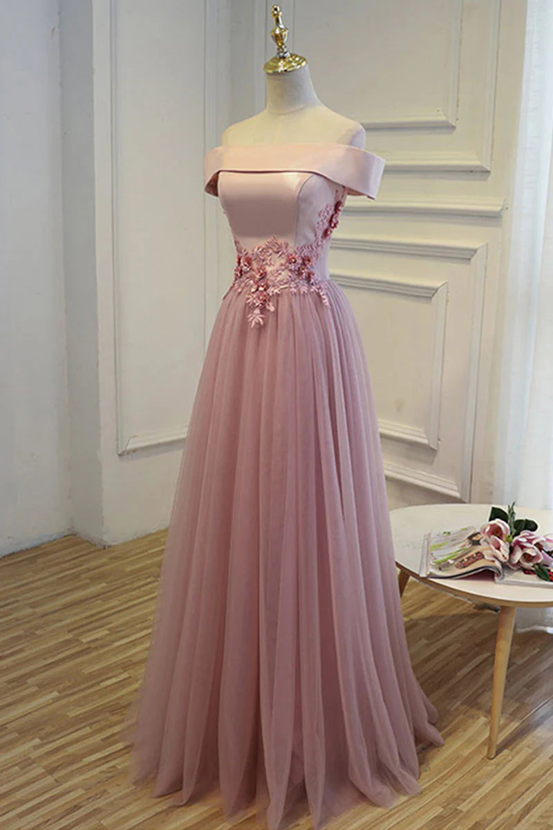 A-line off shoulder tulle long prom dress tulle bridesmaid dress