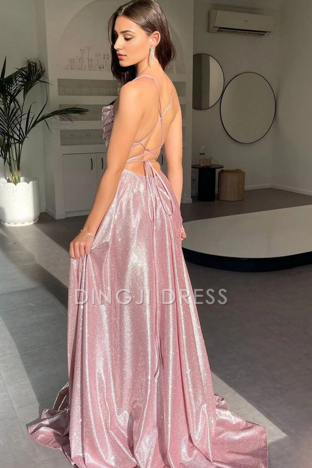 DingJiDress Simple A Line Spaghetti Straps Backless Long with Split Front Sparkle Prom Dress