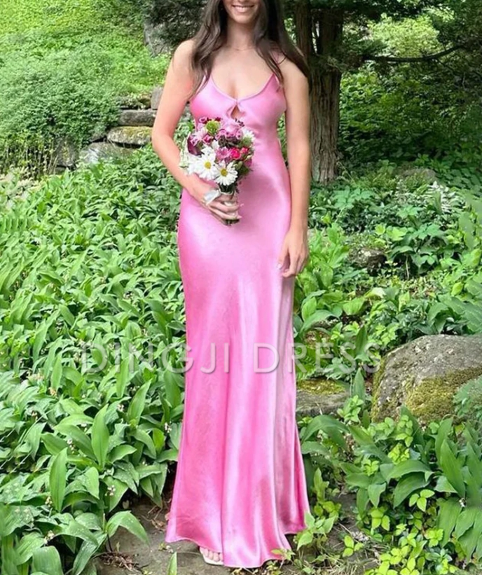 DingJiDress Elegant Sheath V Neck Spaghetti Strap Satin Backless Long Simple Prom Dress