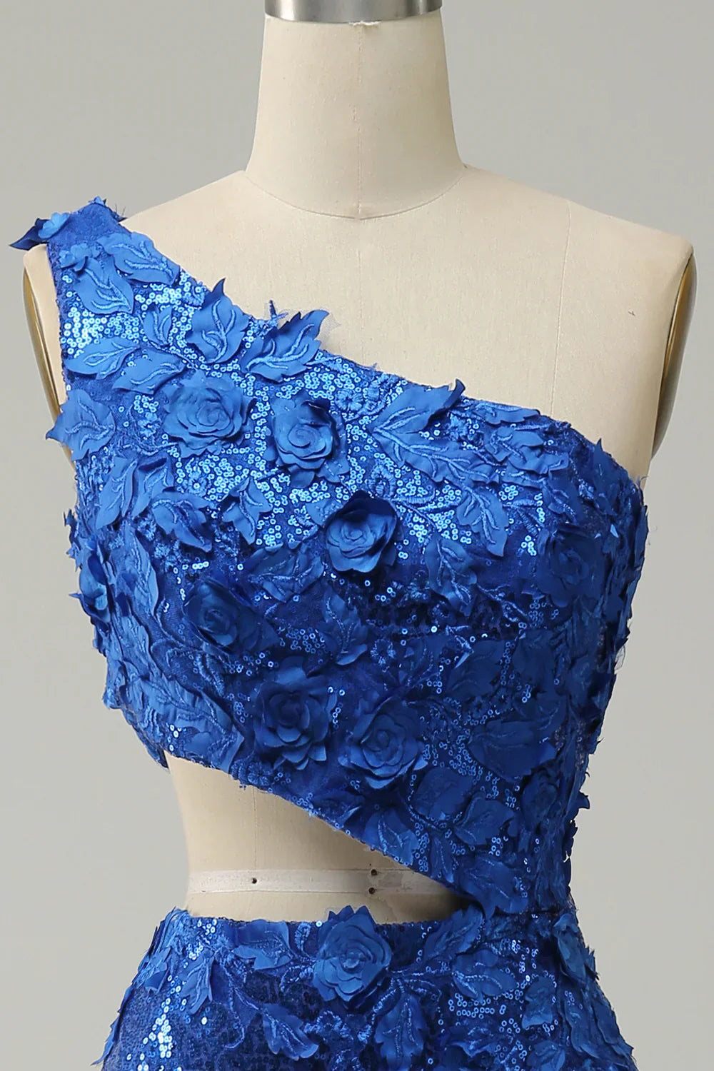 DingJiDress Mermaid One Shoulder Royal Blue Sequins Cut Out Prom Dress with Split Front