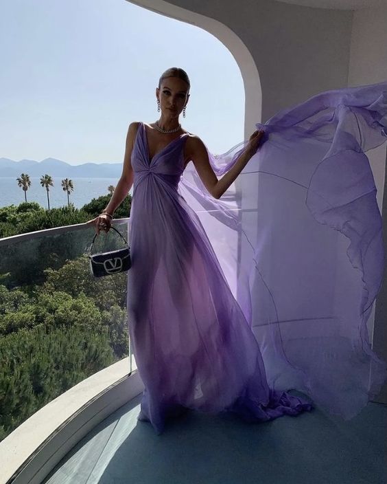 Simple V-neck purple long ball party gown