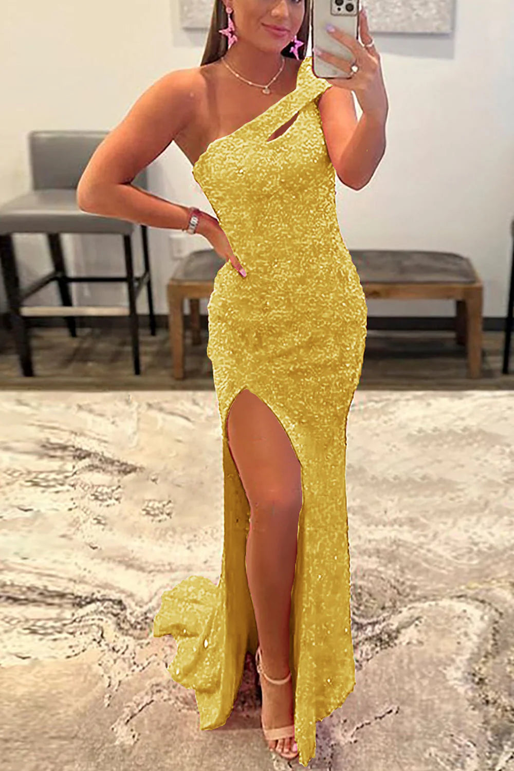 Pink long shoulder slit sequin dance dress