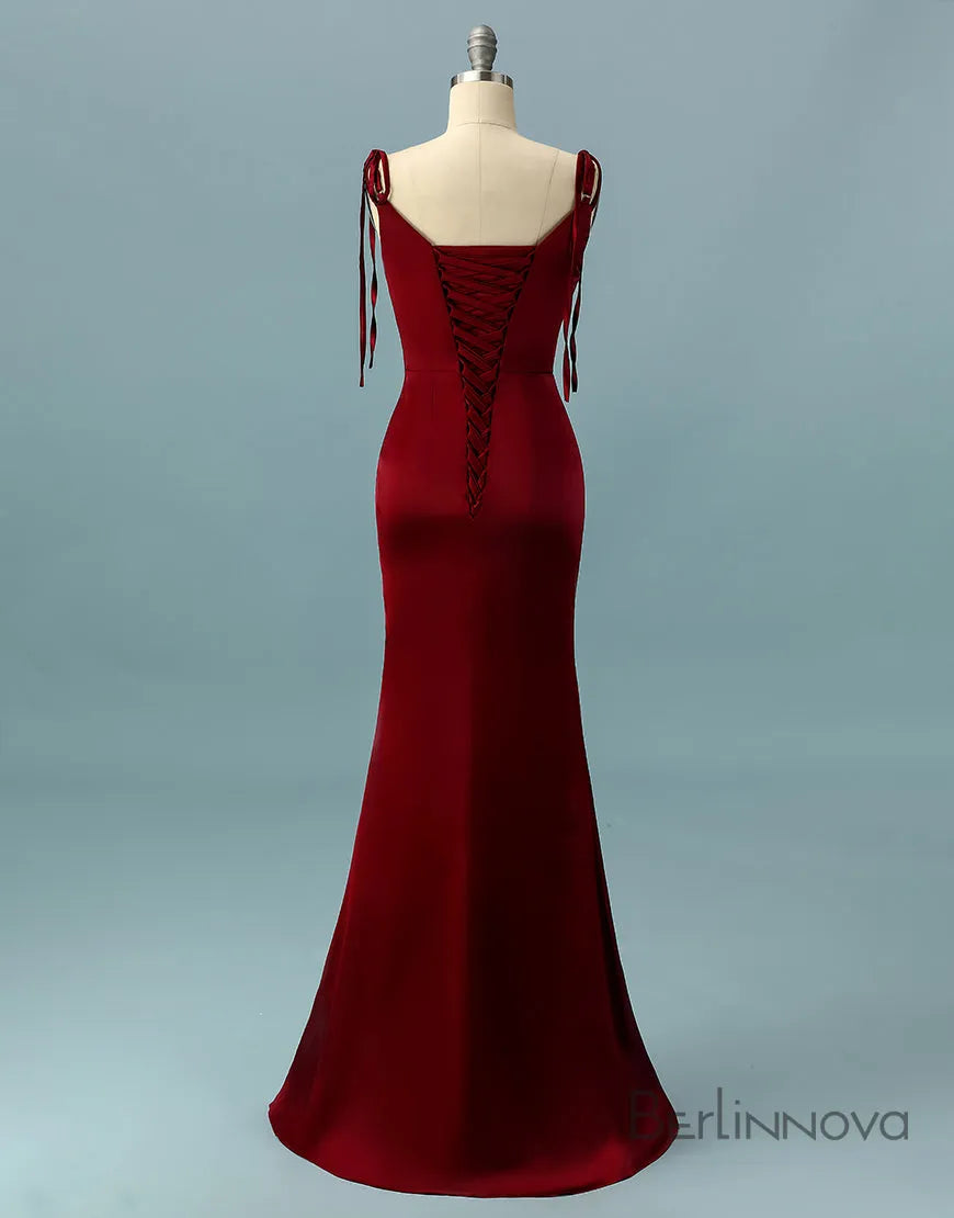 Red Long Satin V-neck Mermaid Ball Dress Party Evening Dress
