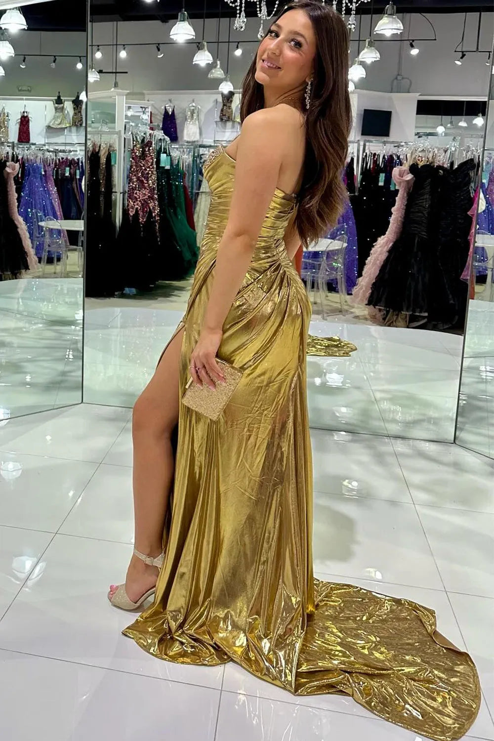 Golden long slit mermaid sweetheart metal bead party dress
