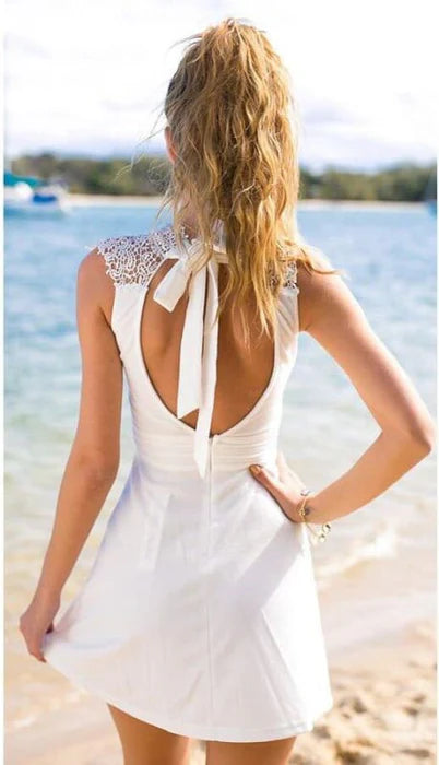 White Lace Top Homecoming Mini Short High Neck Sleeveless Prom Dress