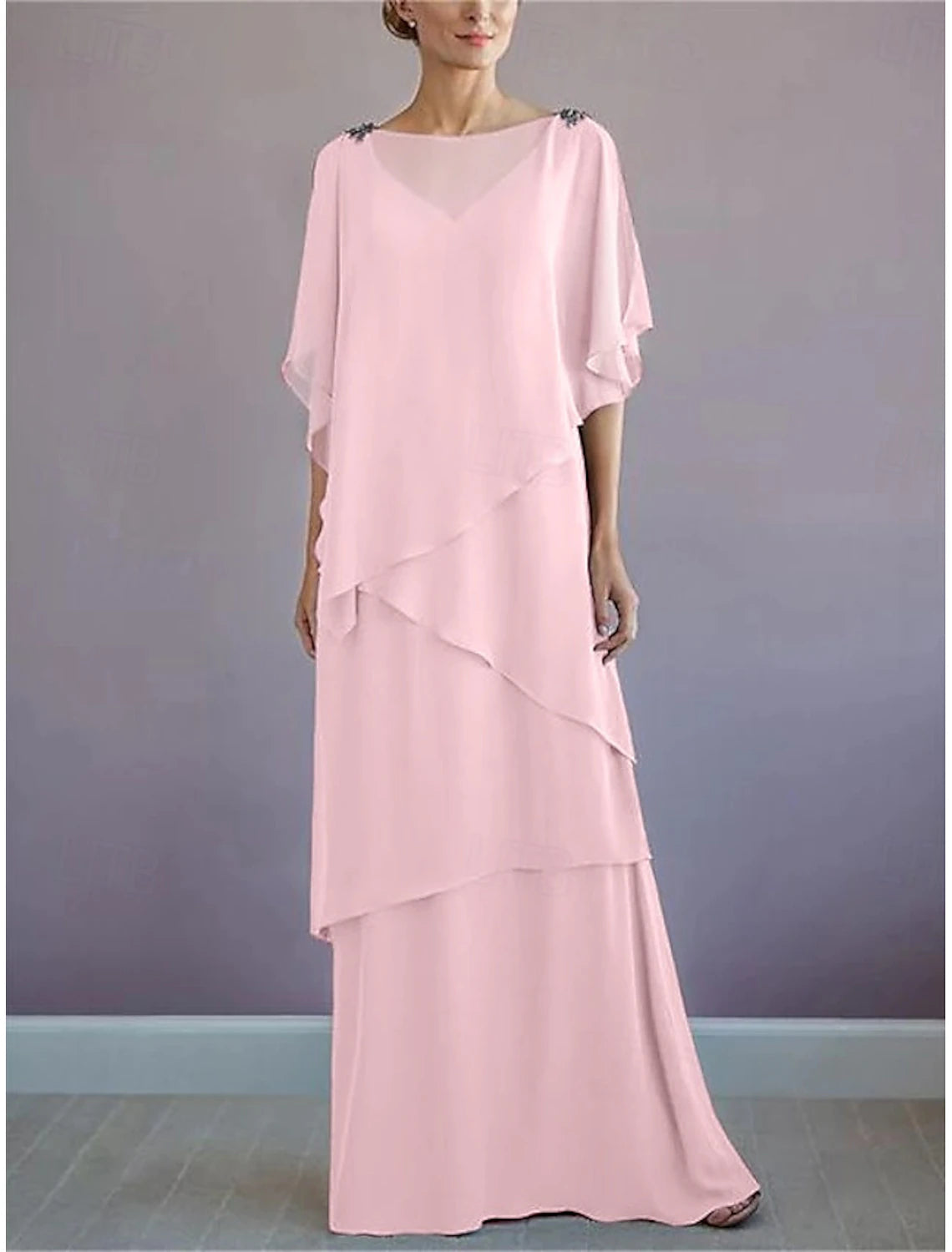 Beach Wedding A-Line Mother of the Bride Dress Formal Wedding Guest Elegant Bateau Neck Floor Length Chiffon Half Sleeve with Ruffles Draping Tier