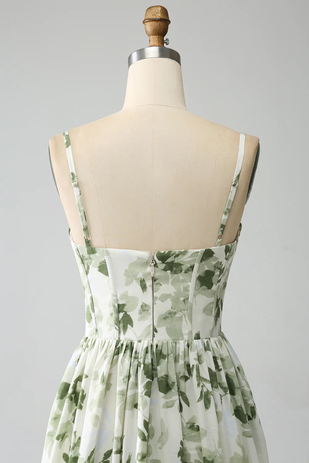 DingJiDress Green A-Line Spaghetti Straps Printed Pleated Long Prom Dress With Slit