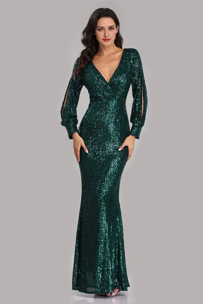 Long Sleeve V Neck Sequined Fishtail Evening Dress