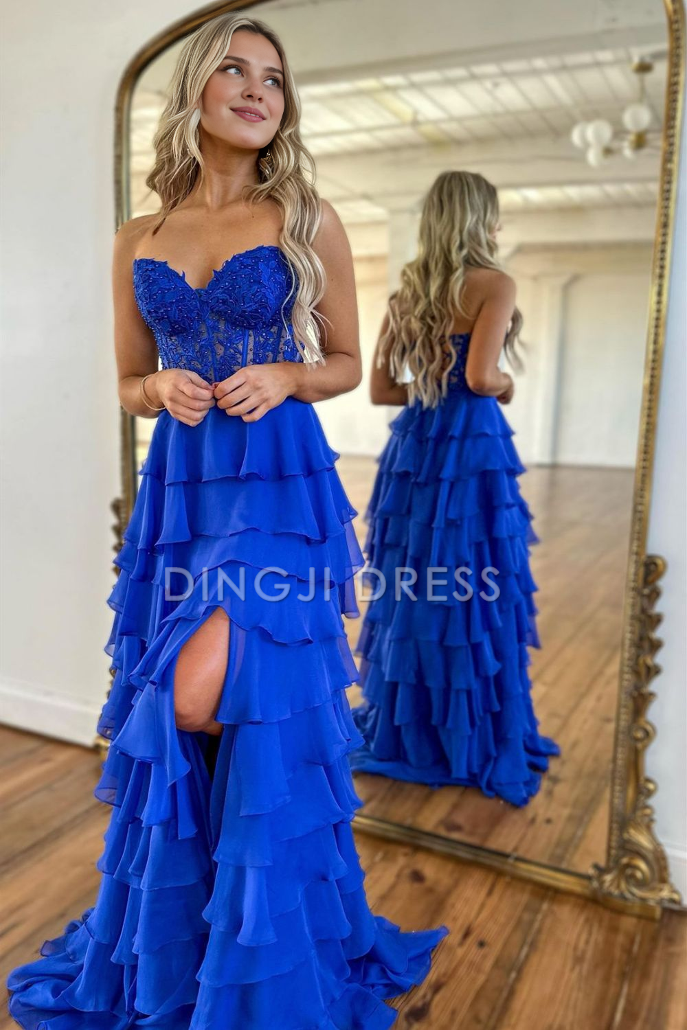 DingJiDress Elegant A-Line Sweetheart Lace And Chiffon layering With Slit Long Exquisite Prom Dress