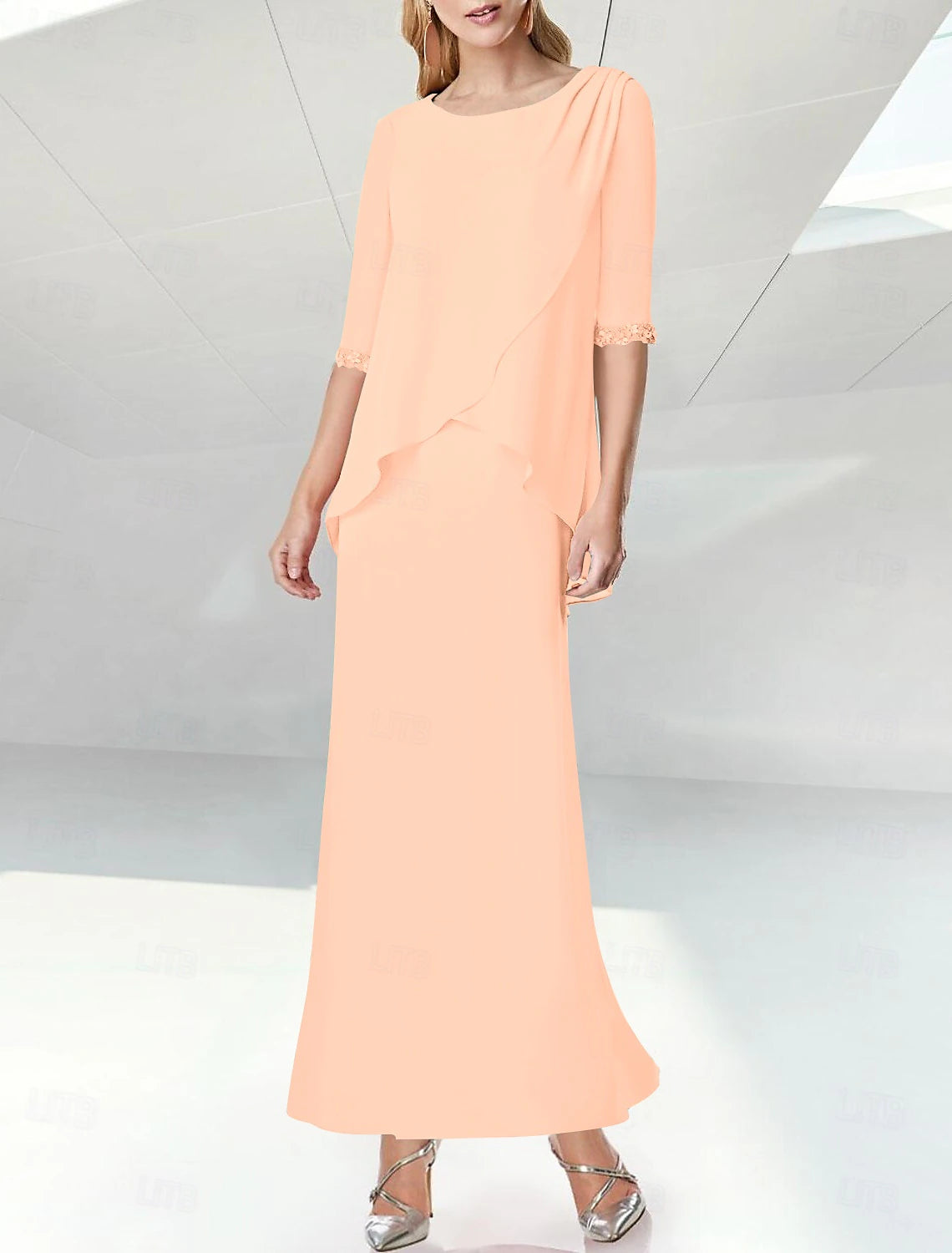 Beach Wedding Sheath Mother of the Bride Dress Elegant Jewel Neck Floor Length Chiffon Half Sleeve with Sequin Ruching