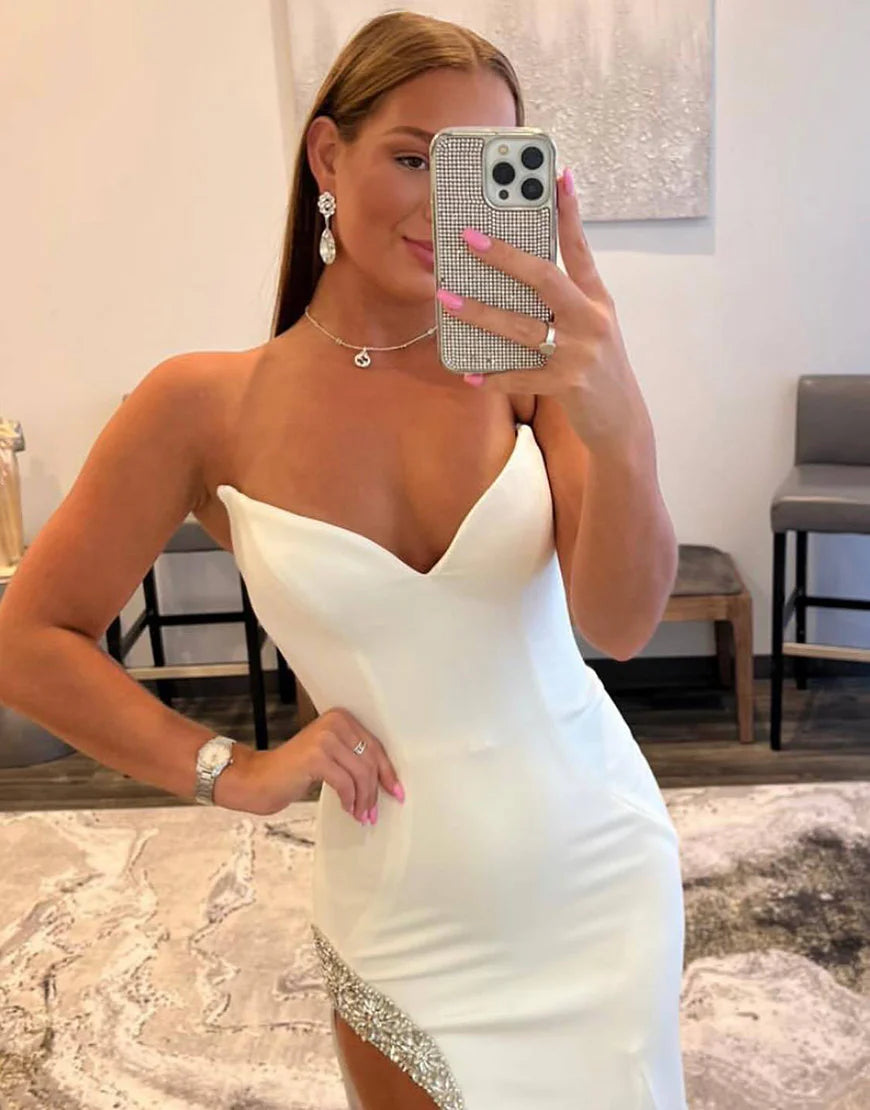 White long high waisted split floor dance dress