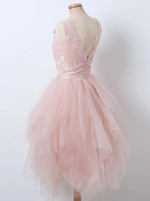 Fluffy V Neck Short Pink Lace Prom Pink Lace Formal Graduation Homecoming