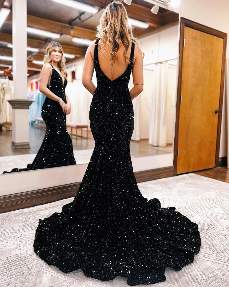 Charming Mermaid Deep V Neck Black Sequins Prom Dresses