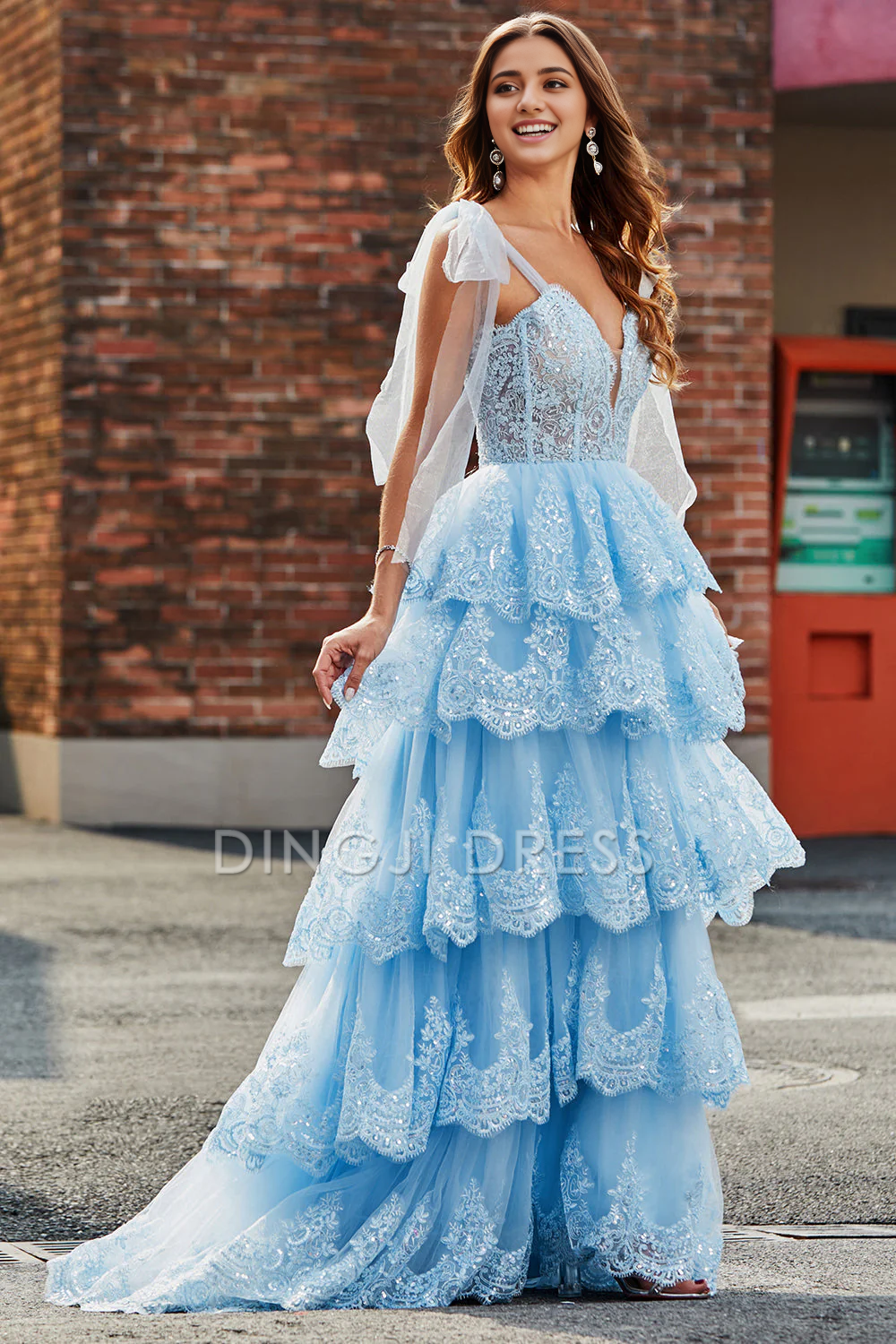 DingJiDress High Quality Dress Fashion Tiered Tulle Sweetheart Bow Tie Straps Sequin With Appliques Prom Dress