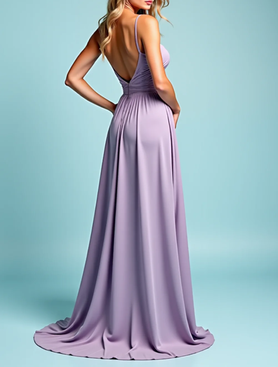 Lilac Pleated Satin Long A Line Prom Dress with Slit