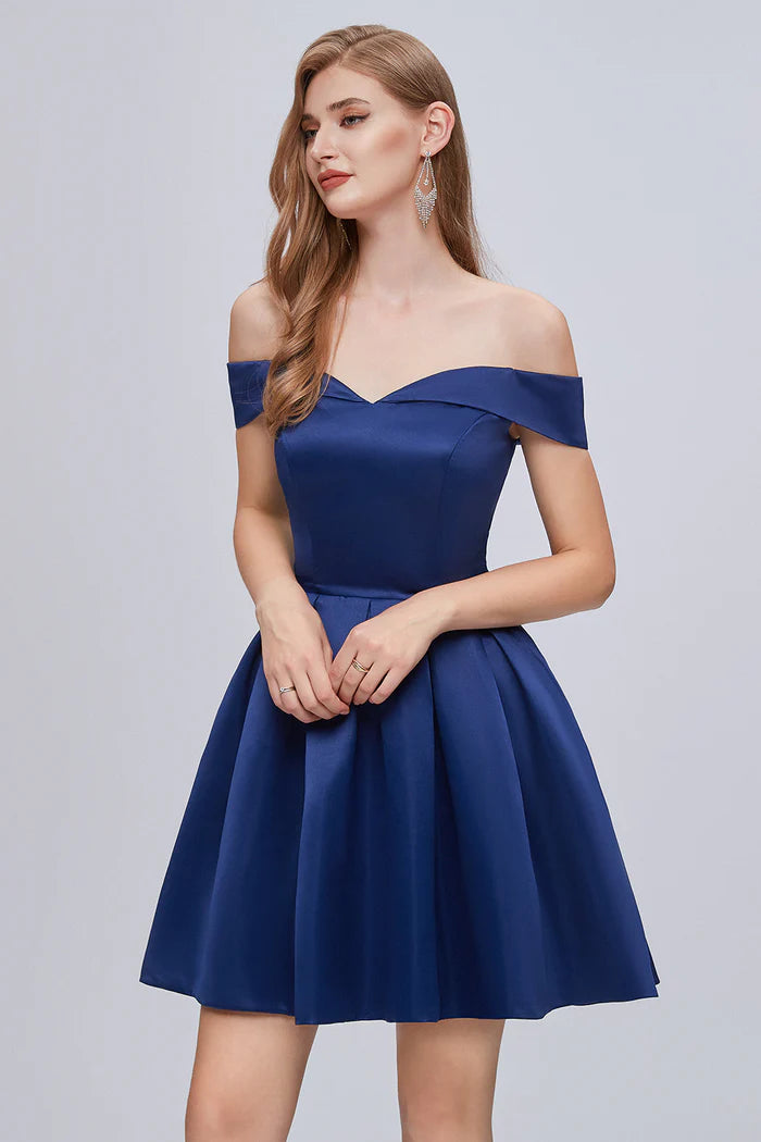 Cute Off The Shoulder Lace Up Satin Homecoming Dresses