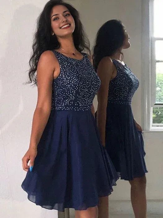 Cute A Line Round Neck Beaded Navy Blue Short Prom Homecoming Navy Blue Formal Graduation