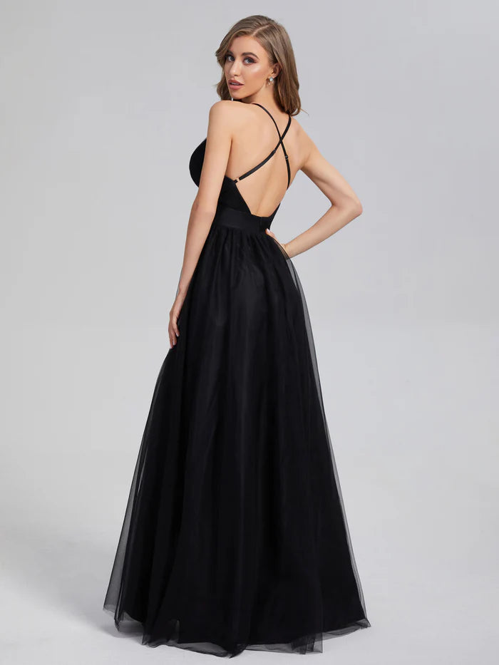 V-neck Split Tulle Prom Dresses