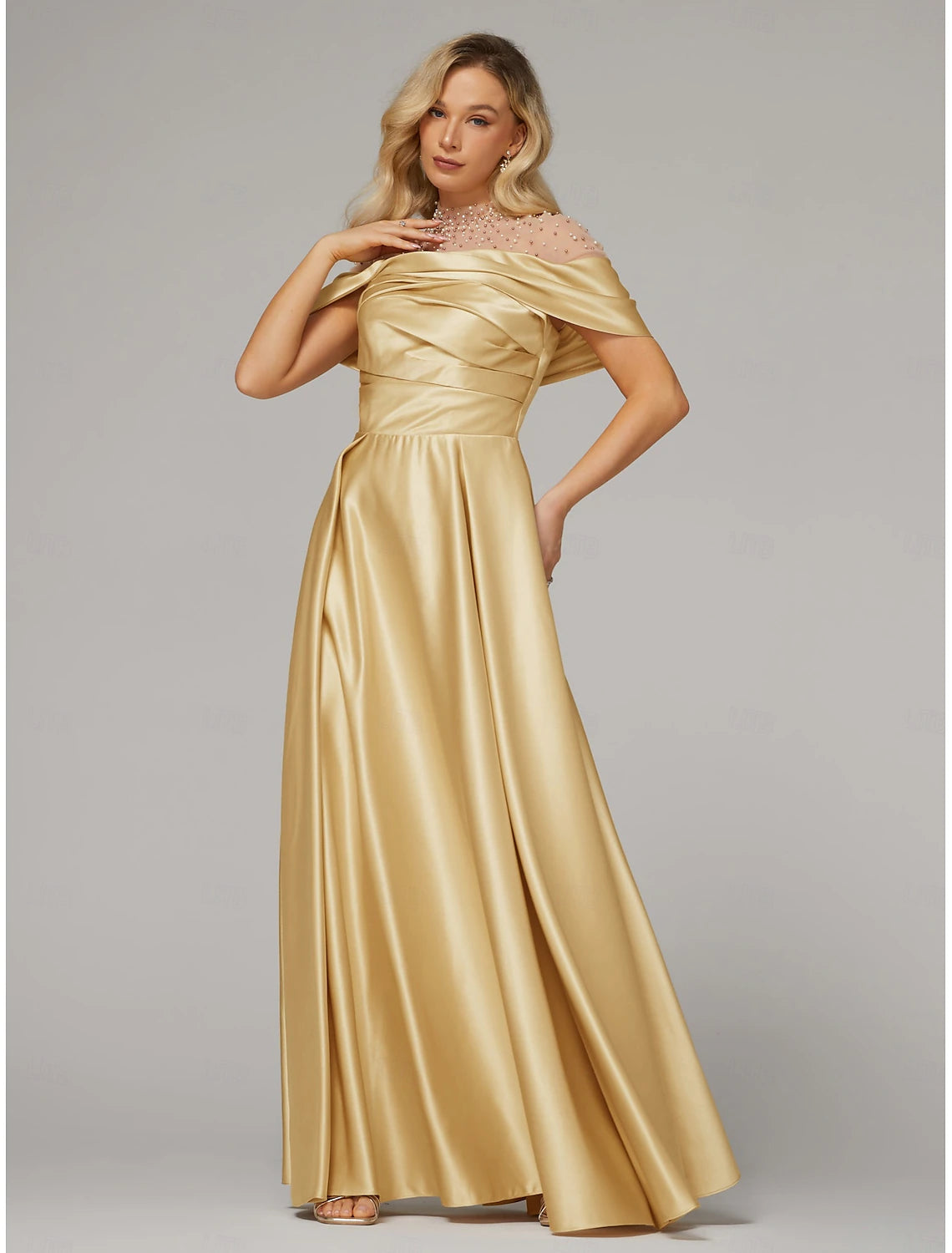 A-Line Evening Gown Elegant Dress Formal Floor Length Short Sleeve Illusion Neck Satin with Ruched Beading