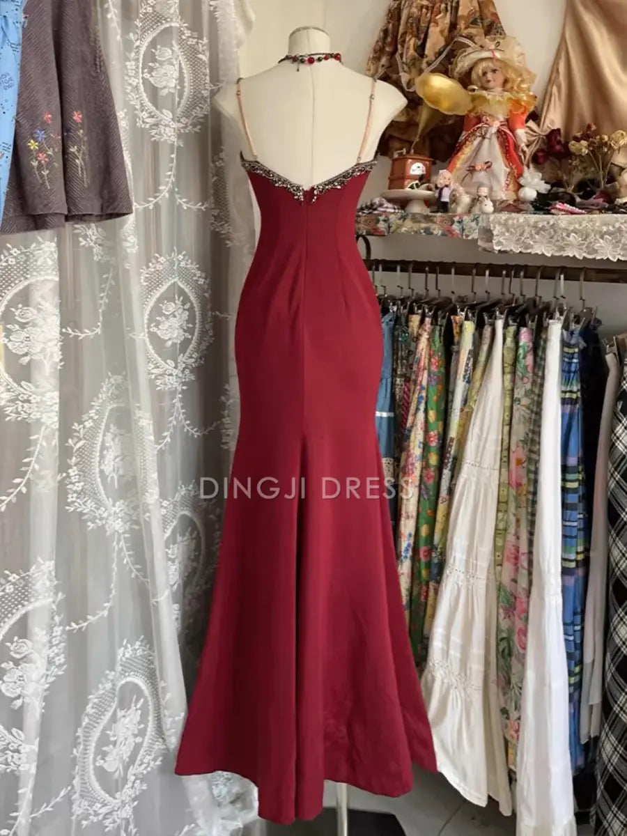 DingJiDress Mermaid V Neck Spaghetti Strap Lace Vintage Elegant Prom Dress