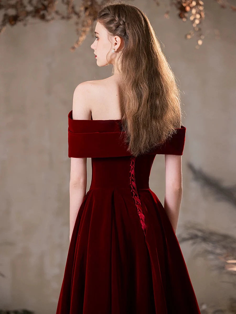 A-Line Off Shoulder Velvet Burgundy Long Prom Dress Burgundy Long Formal Dress