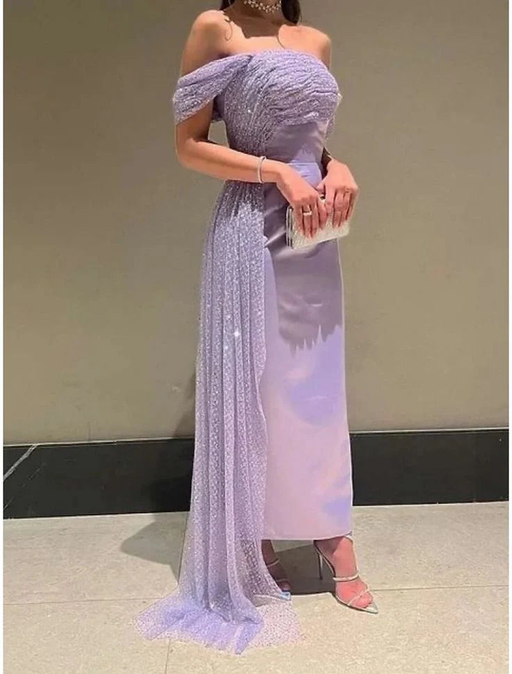 Evening Gown Elegant Dress Formal Ankle Length Short Sleeve Off Shoulder Satin with Ruched Sequin Dress