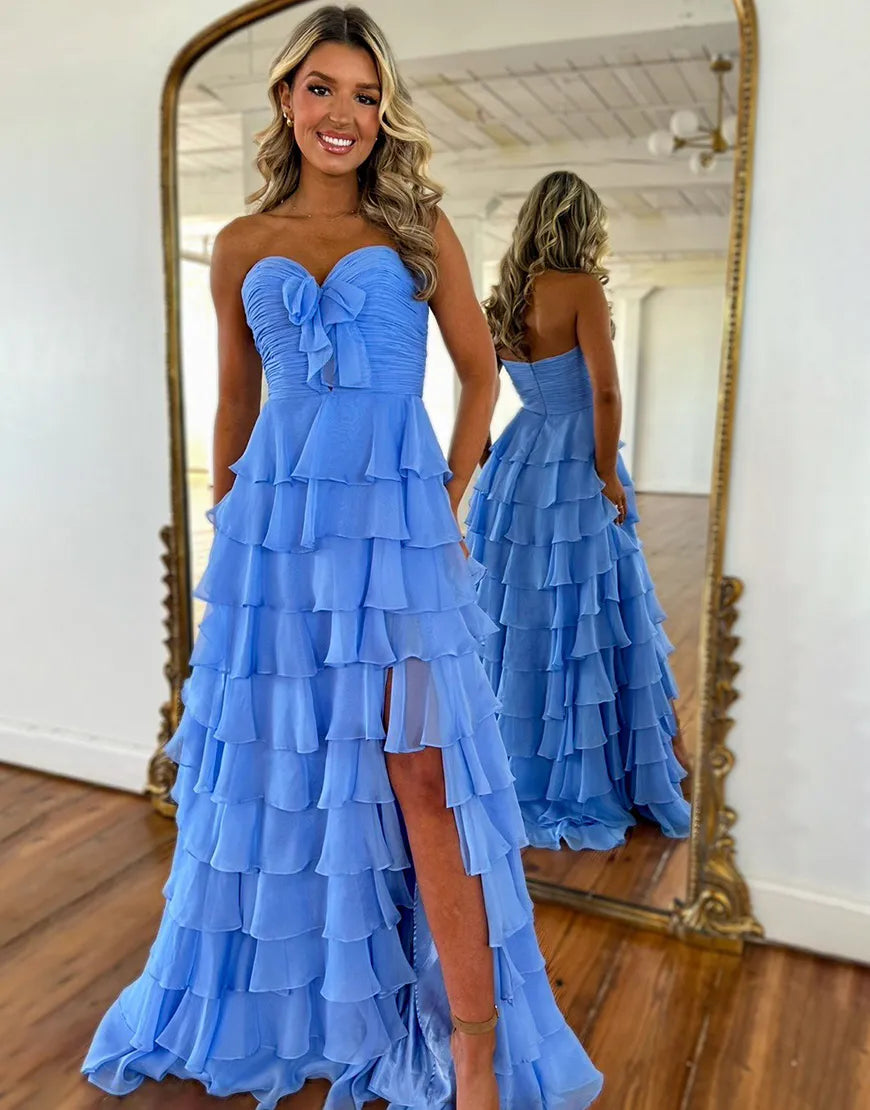 Fashion A-line strapless pleated bow chiffon long ball skirt