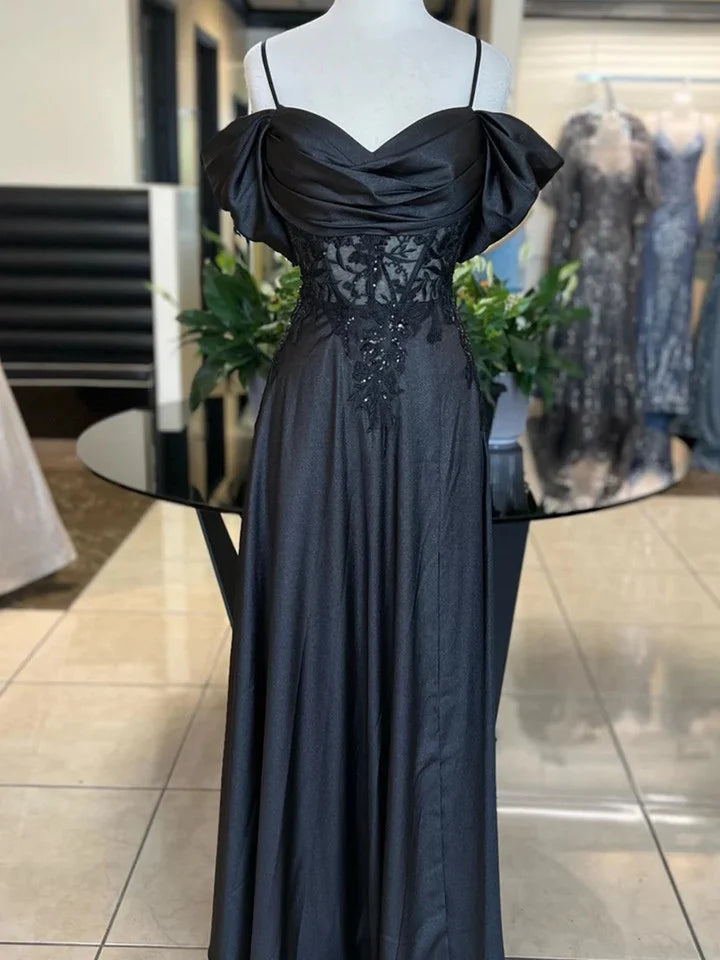 Black Satin Off Shoulder Long Party Dress Black Satin with Lace Prom Dress