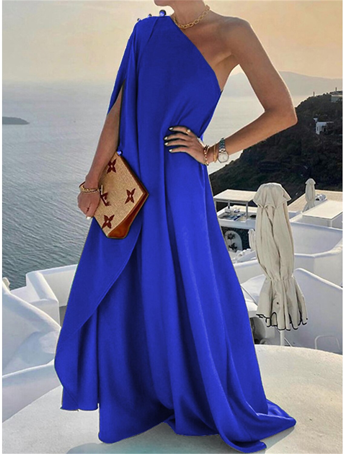 Women's Prom Dress Party Dress Wedding Guest Dress Polyester Patchwork One Shoulder 3/4 Length Sleeve Floral Vacation Wedding Guest Elegant Black Yellow Summer Spring