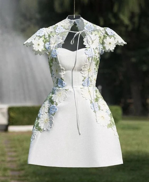 White A-line lace short satin back to school dress