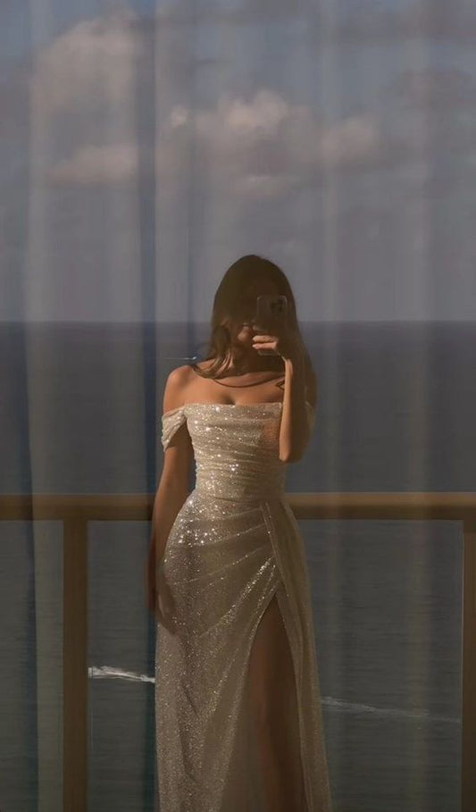 Off Shoulder White Sequin Side Slit Long Evening Prom Dresses Sequin Wedding Dresses