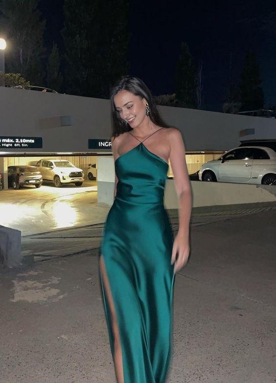 Dark Green Satin Long Evening Dresses Side Slit Prom Party Formal Party Gown