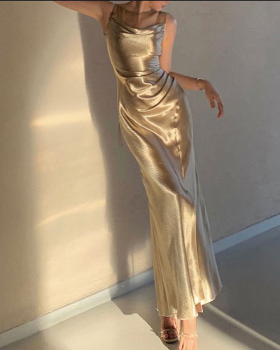 Elegant Gold Satin Backless Mermaid Long Prom Dress Formal Party Dress