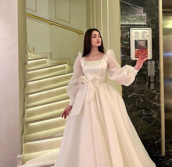 White Tulle Long Sleeve Prom Gown Wedding Dress