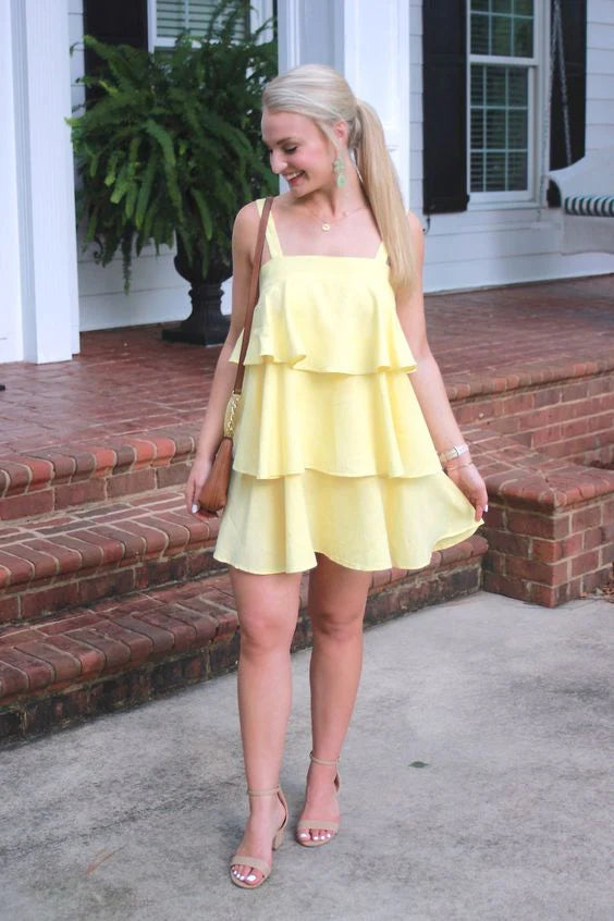 Yellow minimalist short chiffon sleeveless back to school dance dress
